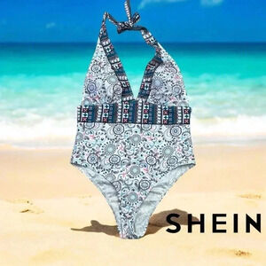 NWOT, SHEIN, One Piece Swimsuit, Large, White, Blue, Black & Pink ☀️